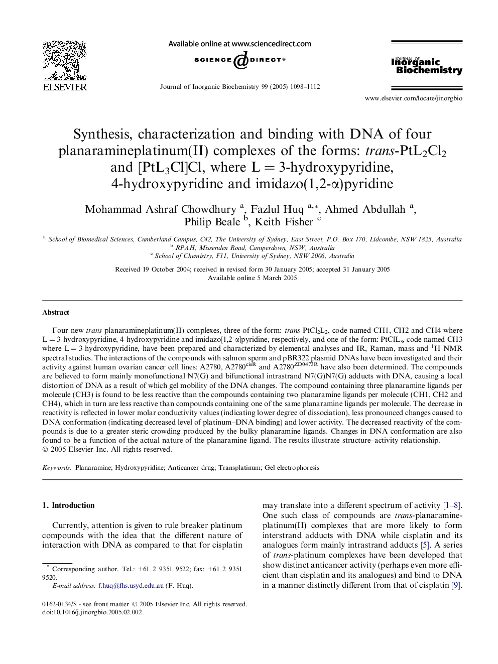 Synthesis, characterization and binding with DNA of four planaramineplatinum(II) complexes of the forms: trans-PtL2Cl2 and [PtL3Cl]Cl, where LÂ =Â 3-hydroxypyridine, 4-hydroxypyridine and imidazo(1,2-Î±)pyridine