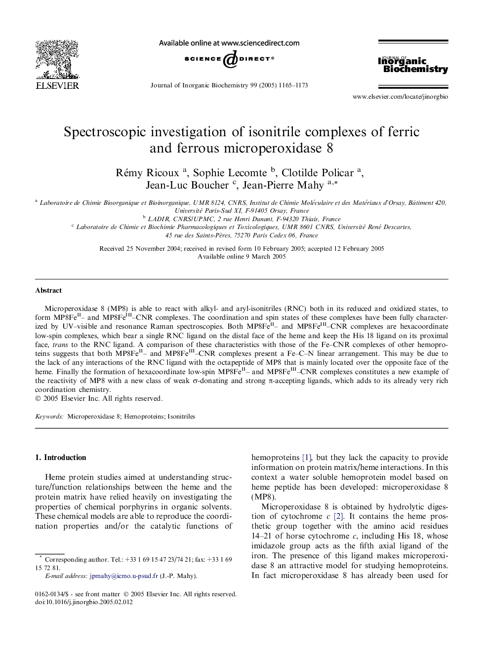 Spectroscopic investigation of isonitrile complexes of ferric and ferrous microperoxidase 8