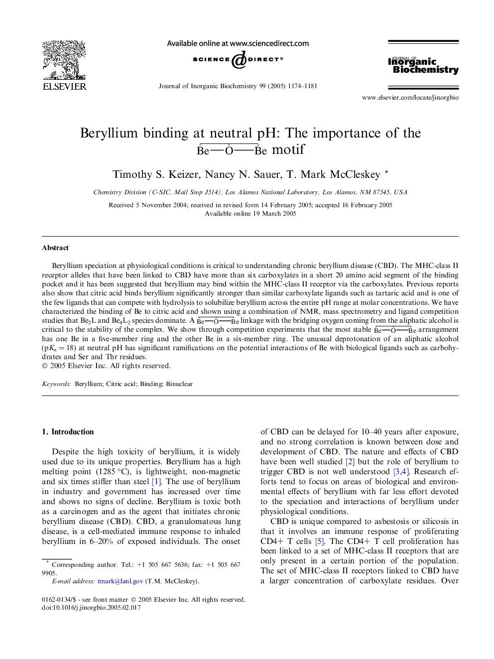 Beryllium binding at neutral pH: The importance of the  motif