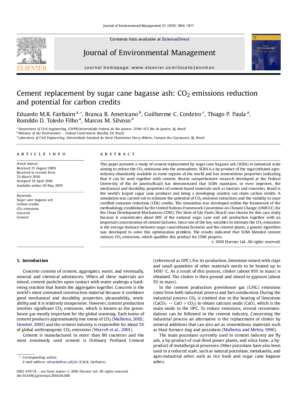 Cement replacement by sugar cane bagasse ash: CO2 emissions reduction and potential for carbon credits