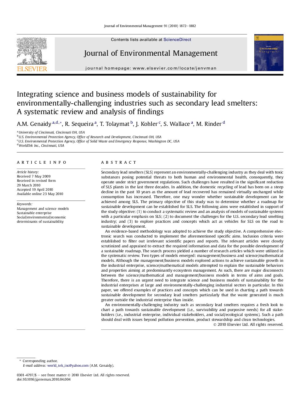 Integrating science and business models of sustainability for environmentally-challenging industries such as secondary lead smelters: A systematic review and analysis of findings