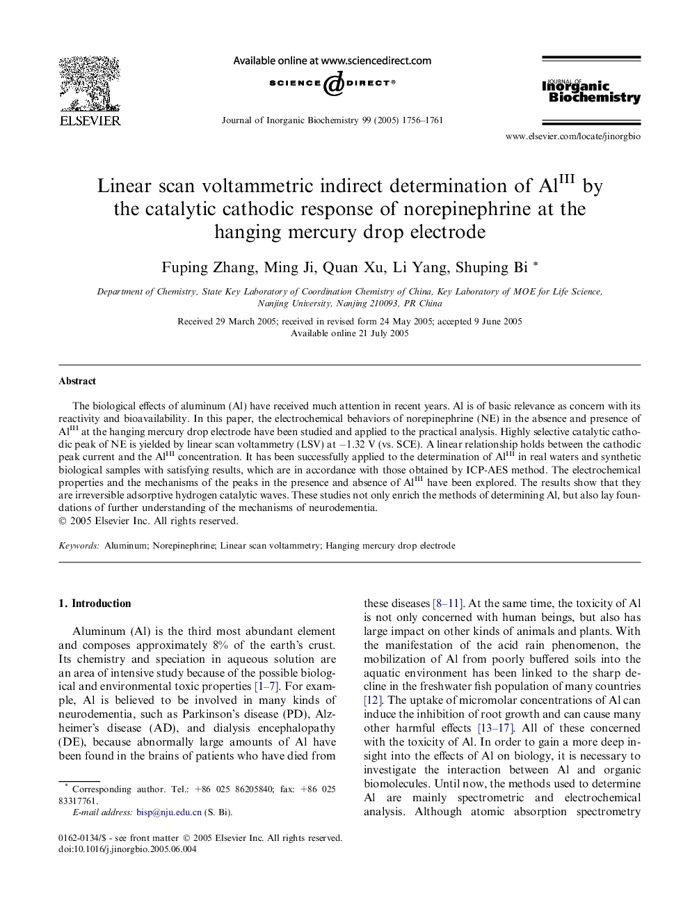 Linear scan voltammetric indirect determination of AlIII by the catalytic cathodic response of norepinephrine at the hanging mercury drop electrode