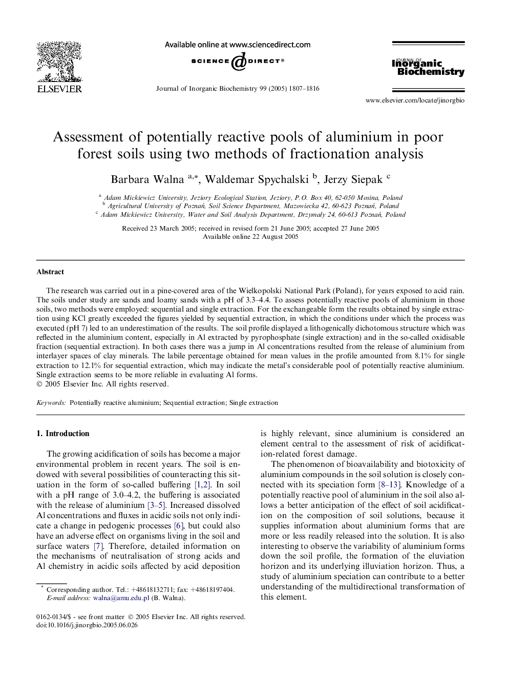 Assessment of potentially reactive pools of aluminium in poor forest soils using two methods of fractionation analysis