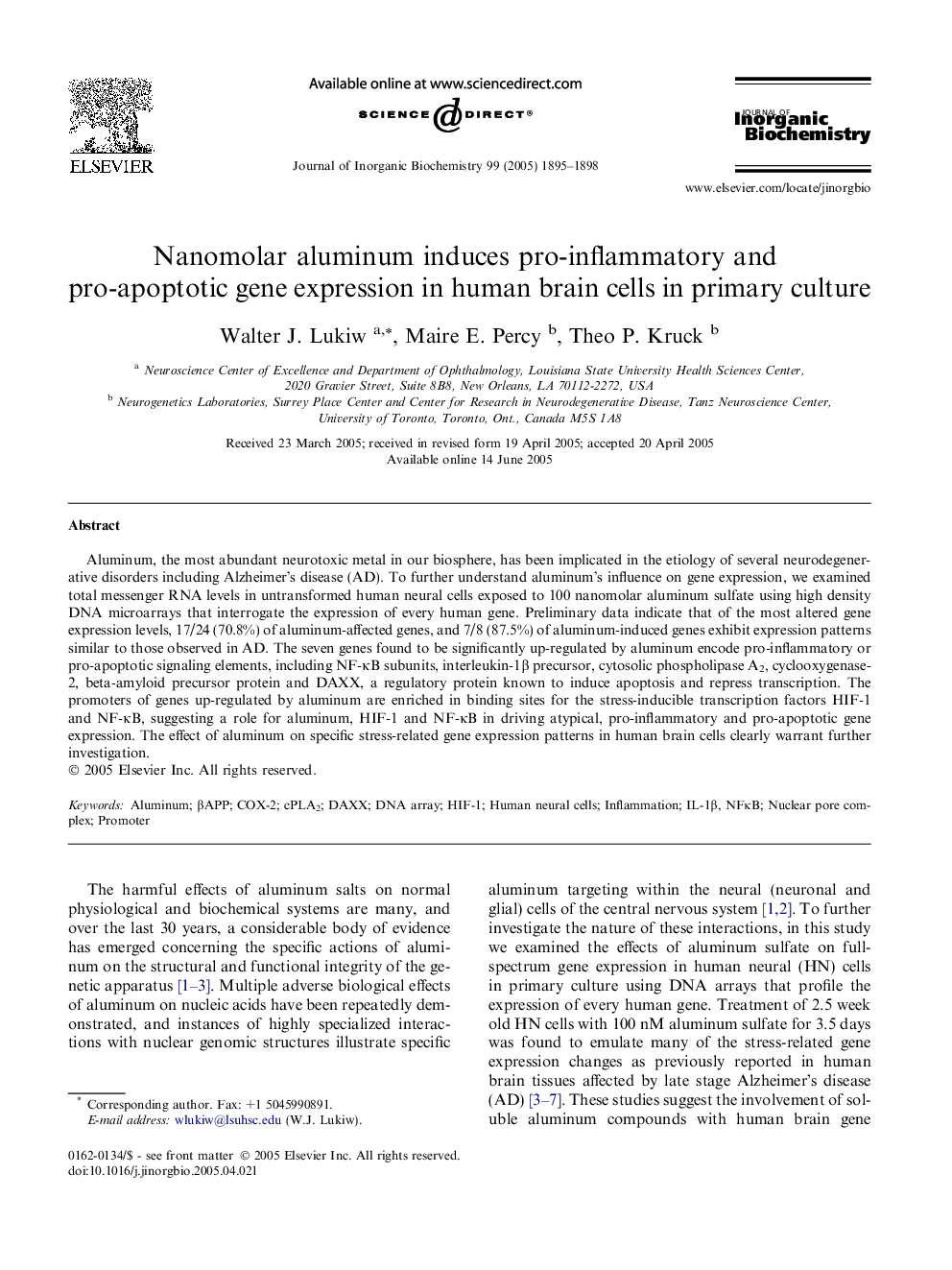 Nanomolar aluminum induces pro-inflammatory and pro-apoptotic gene expression in human brain cells in primary culture