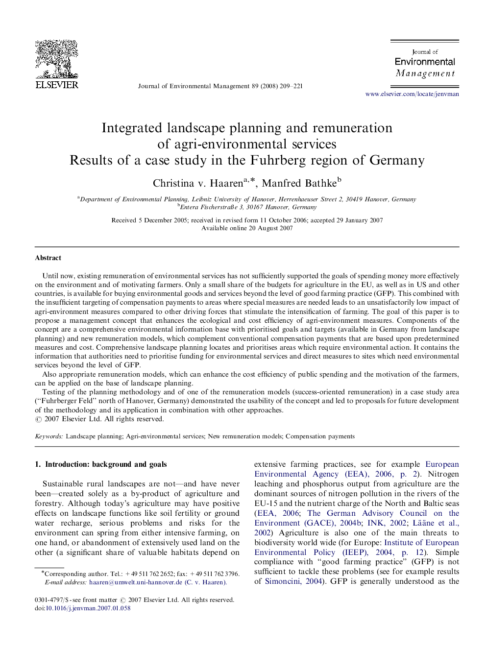 Integrated landscape planning and remuneration of agri-environmental services: Results of a case study in the Fuhrberg region of Germany