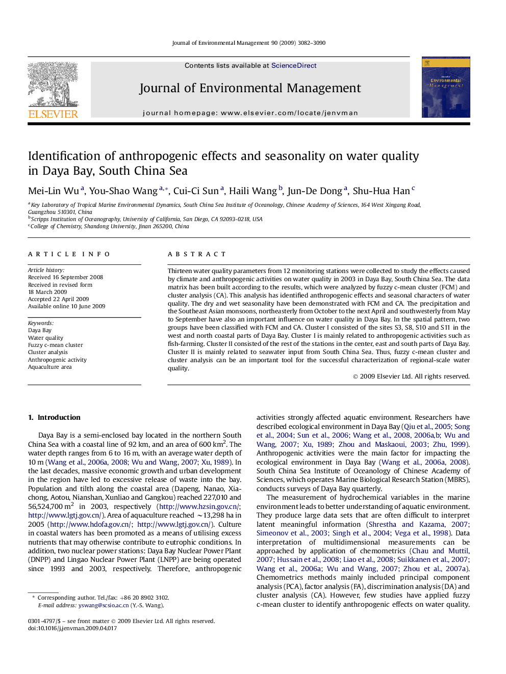 Identification of anthropogenic effects and seasonality on water quality in Daya Bay, South China Sea