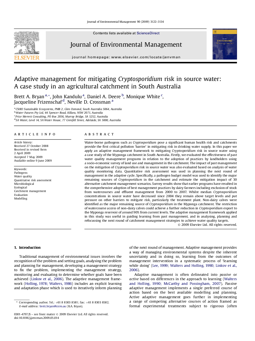 Adaptive management for mitigating Cryptosporidium risk in source water: A case study in an agricultural catchment in South Australia