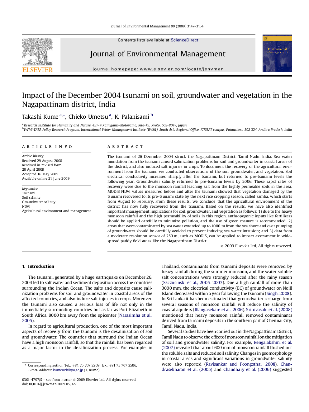 Impact of the December 2004 tsunami on soil, groundwater and vegetation in the Nagapattinam district, India