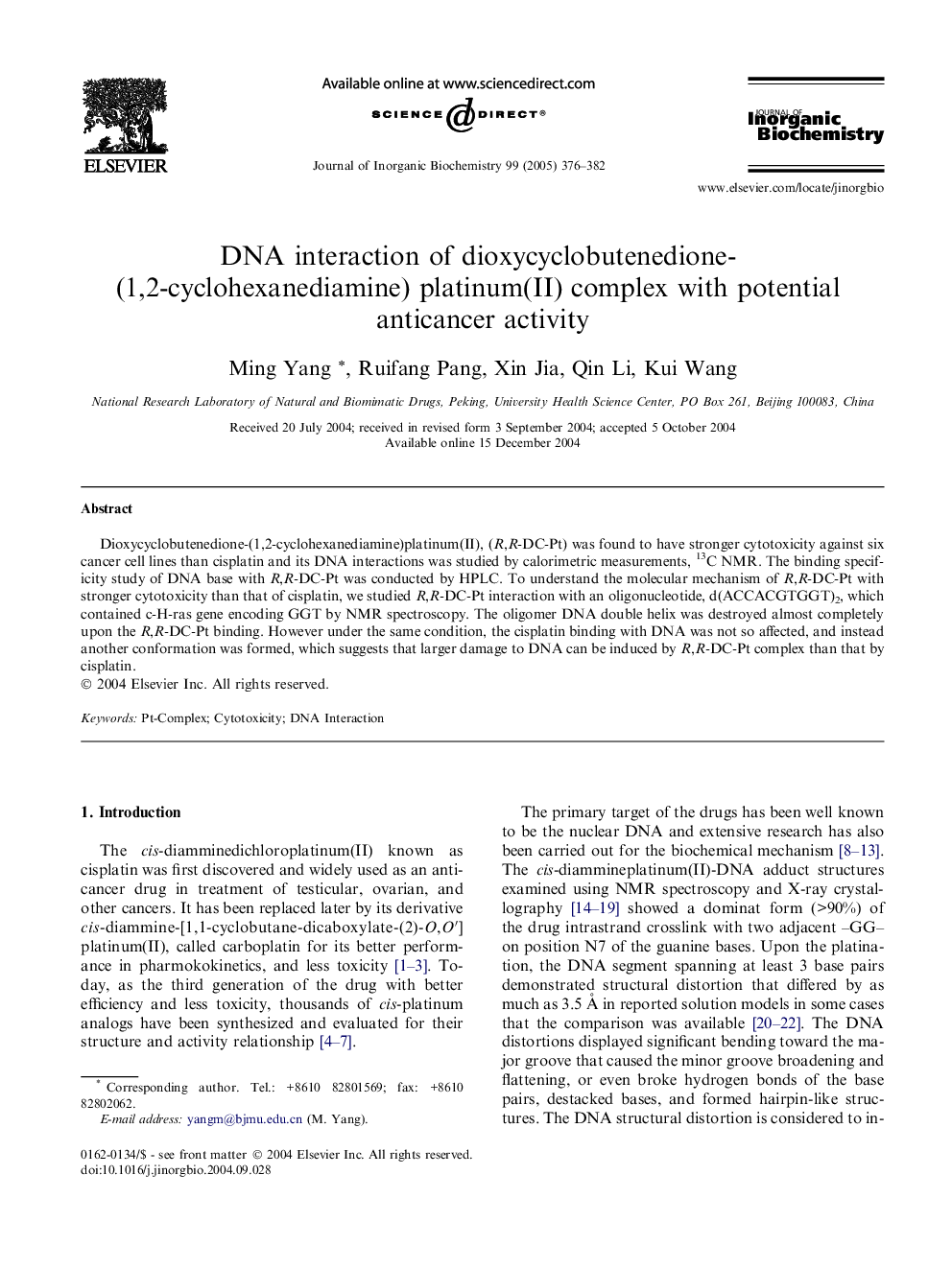 DNA interaction of dioxycyclobutenedione- (1,2-cyclohexanediamine) platinum(II) complex with potential anticancer activity