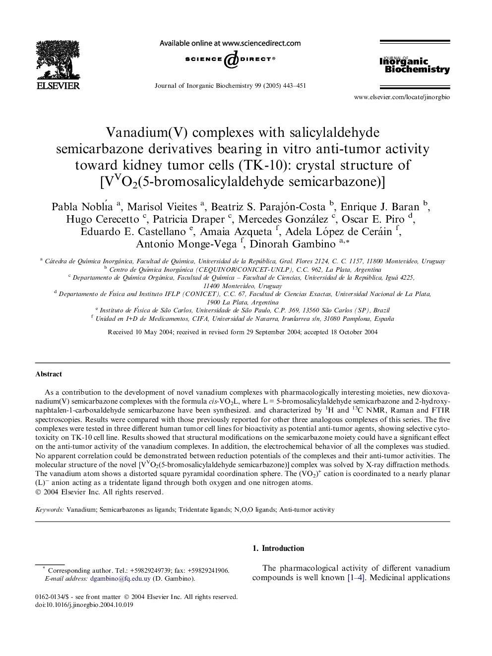 Vanadium(V) complexes with salicylaldehyde semicarbazone derivatives bearing in vitro anti-tumor activity toward kidney tumor cells (TK-10): crystal structure of [VVO2(5-bromosalicylaldehyde semicarbazone)]