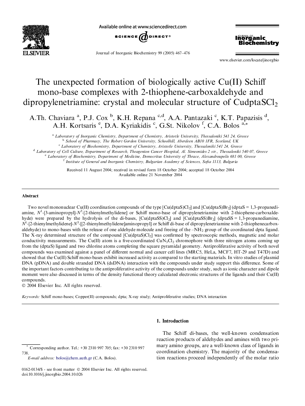 The unexpected formation of biologically active Cu(II) Schiff mono-base complexes with 2-thiophene-carboxaldehyde and dipropylenetriamine: crystal and molecular structure of CudptaSCl2