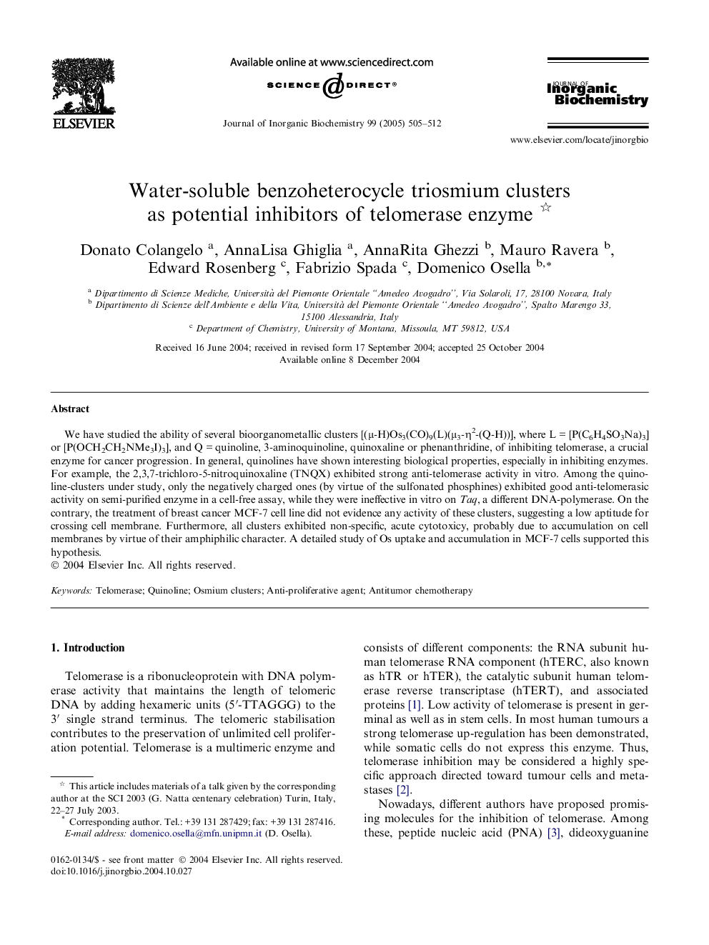 Water-soluble benzoheterocycle triosmium clusters as potential inhibitors of telomerase enzyme