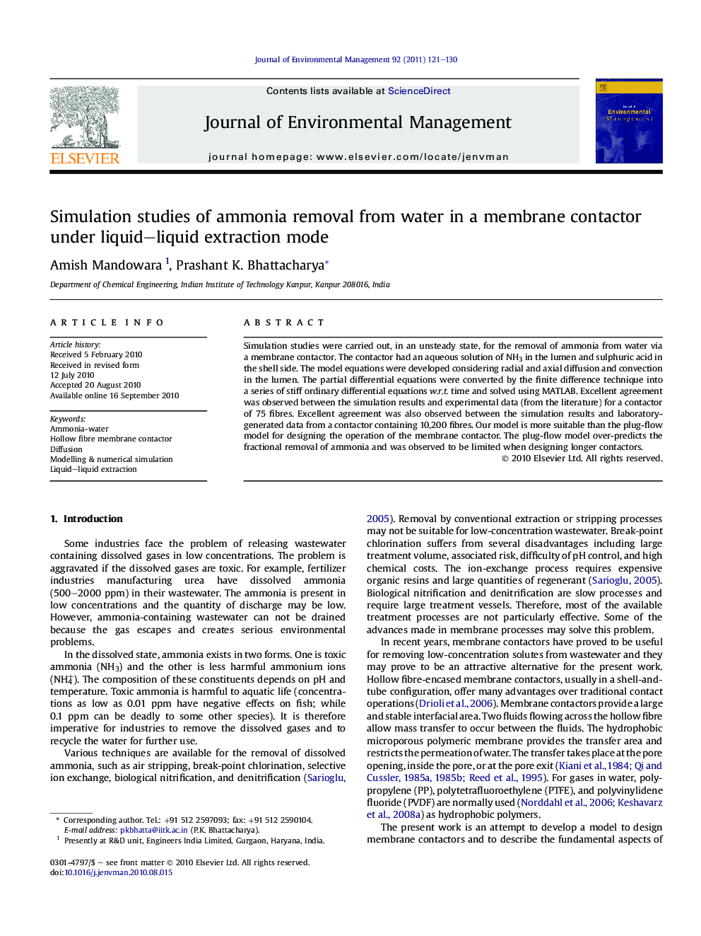 Simulation studies of ammonia removal from water in a membrane contactor under liquid–liquid extraction mode