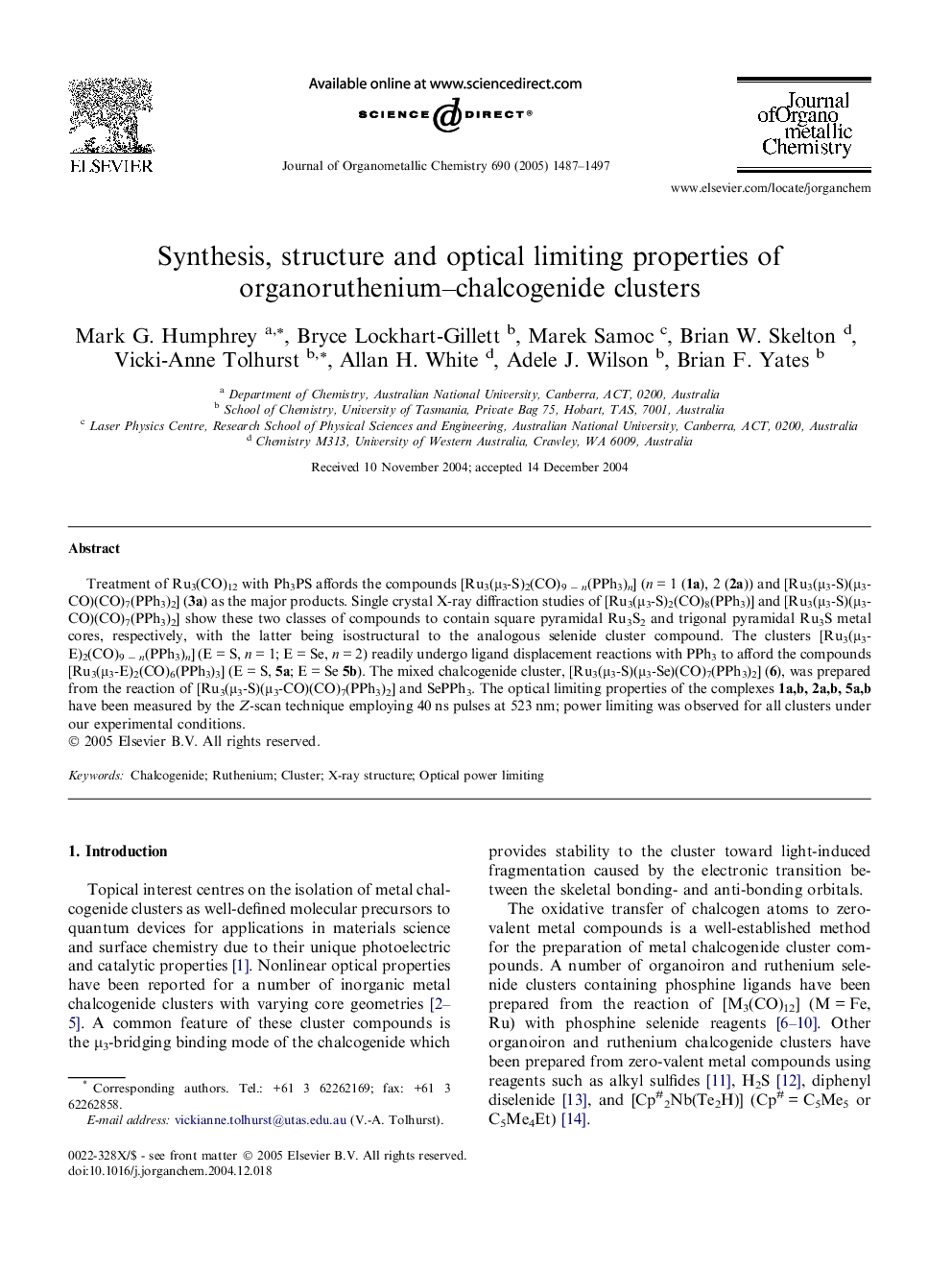 Synthesis, structure and optical limiting properties of organoruthenium-chalcogenide clusters