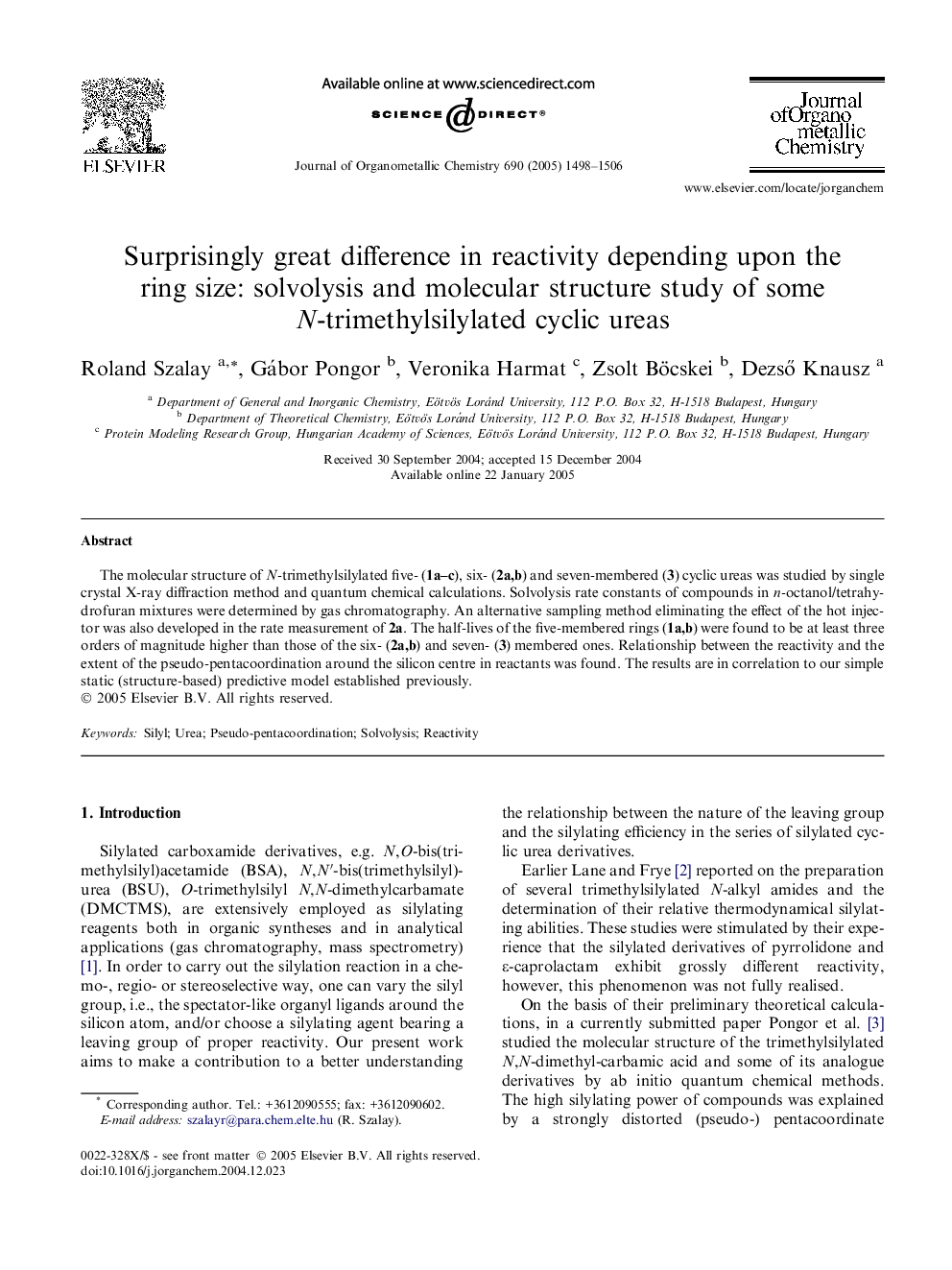 Surprisingly great difference in reactivity depending upon the ring size: solvolysis and molecular structure study of some N-trimethylsilylated cyclic ureas