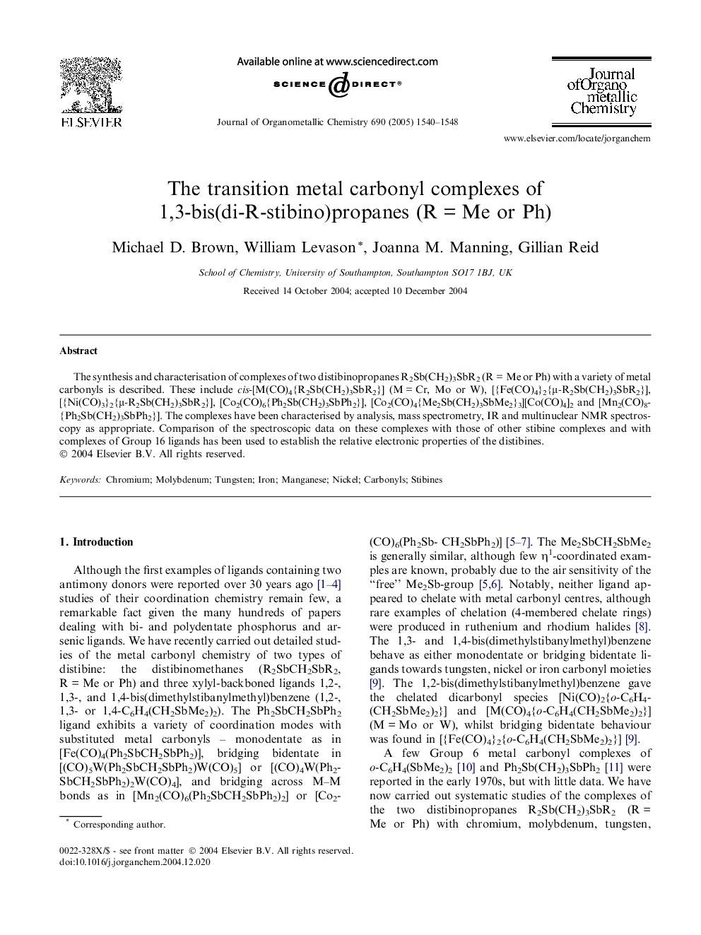 The transition metal carbonyl complexes of 1,3-bis(di-R-stibino)propanes (RÂ =Â Me or Ph)