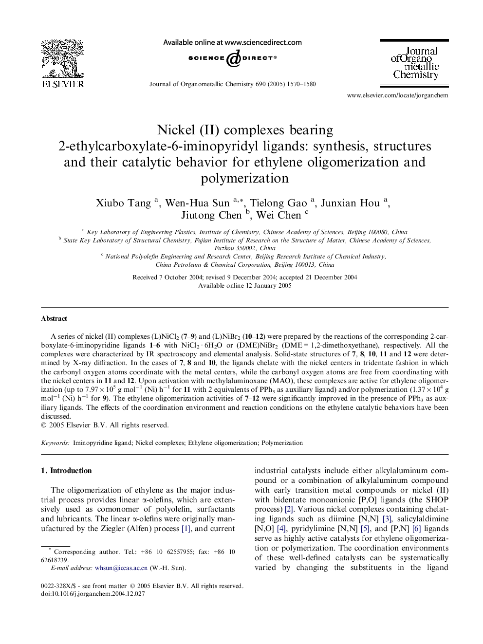 Nickel (II) complexes bearing 2-ethylcarboxylate-6-iminopyridyl ligands: synthesis, structures and their catalytic behavior for ethylene oligomerization and polymerization