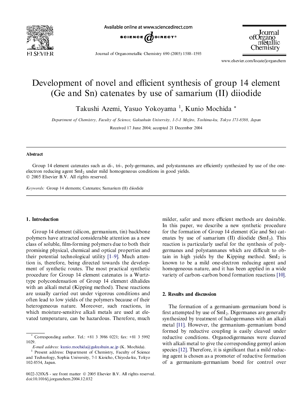 Development of novel and efficient synthesis of group 14 element (Ge and Sn) catenates by use of samarium (II) diiodide