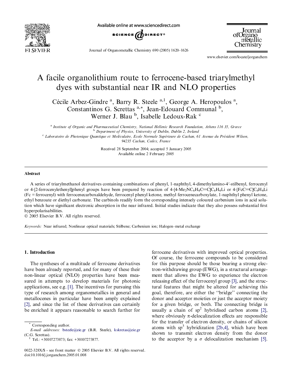 عکس صفحه اول مقاله: A facile organolithium route to ferrocene-based triarylmethyl dyes with substantial near IR and NLO properties A facile organolithium route to ferrocene-based triarylmethyl dyes with substantial near IR and NLO properties