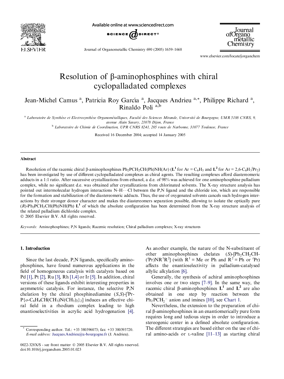 Resolution of Î²-aminophosphines with chiral cyclopalladated complexes