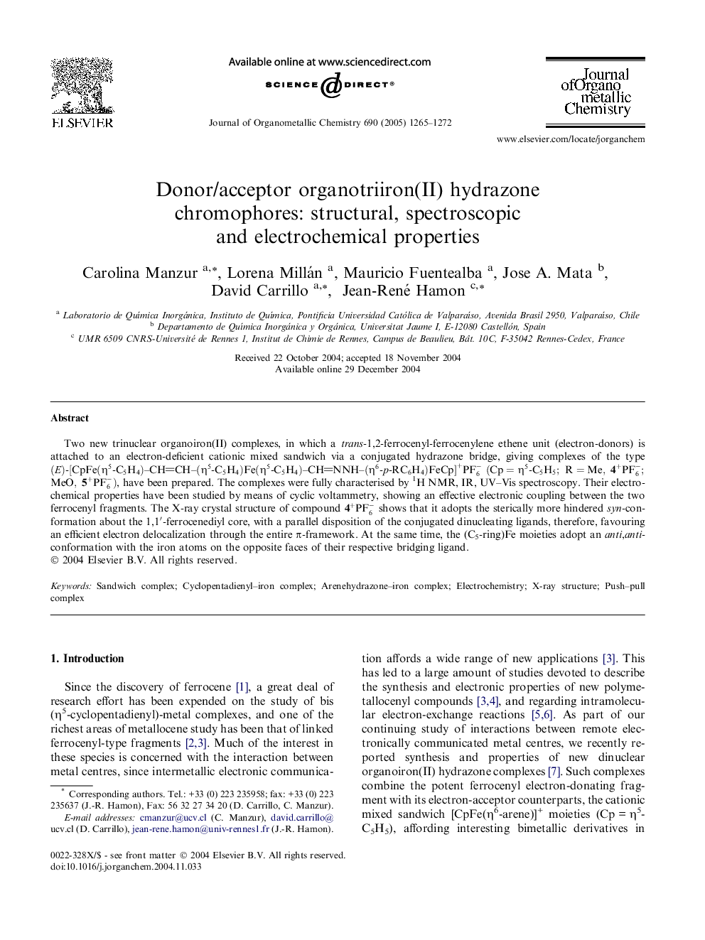 Donor/acceptor organotriiron(II) hydrazone chromophores: structural, spectroscopic and electrochemical properties