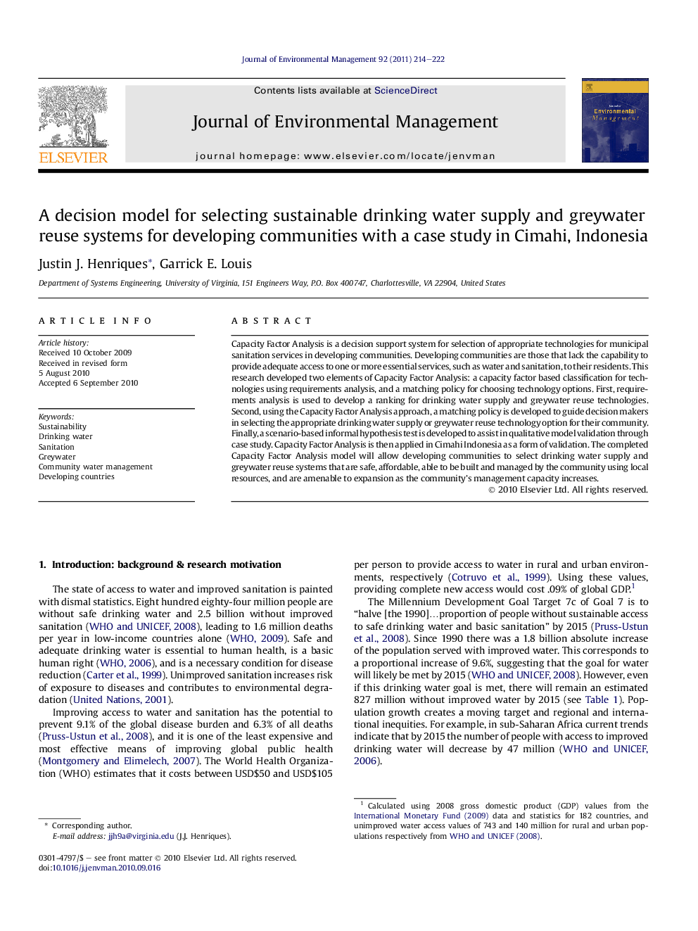 A decision model for selecting sustainable drinking water supply and greywater reuse systems for developing communities with a case study in Cimahi, Indonesia