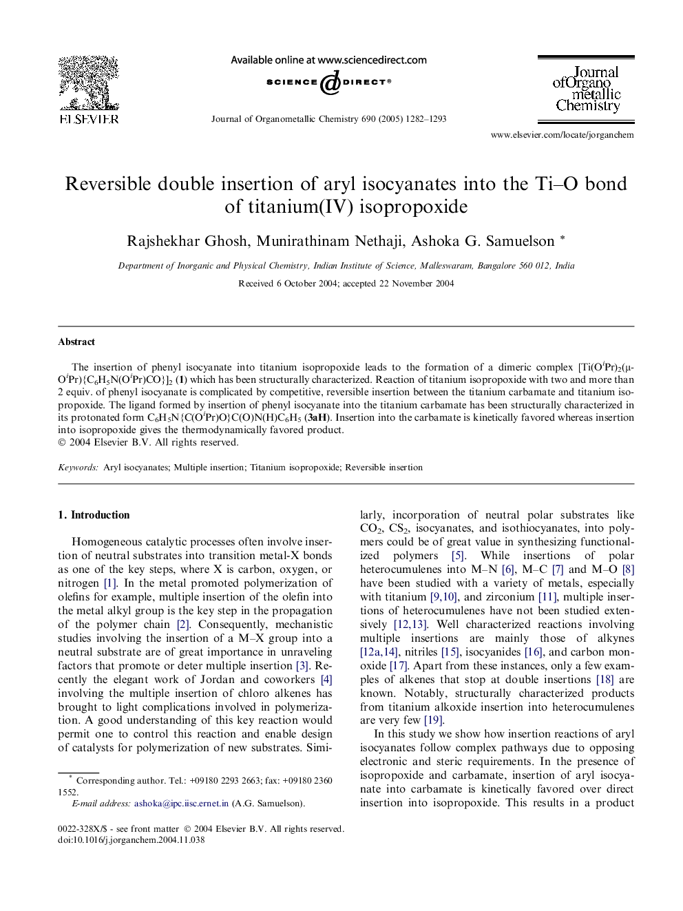 Reversible double insertion of aryl isocyanates into the Ti-O bond of titanium(IV) isopropoxide