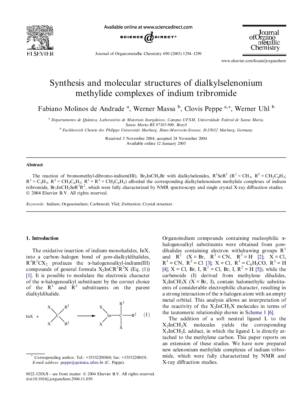 Synthesis and molecular structures of dialkylselenonium methylide complexes of indium tribromide