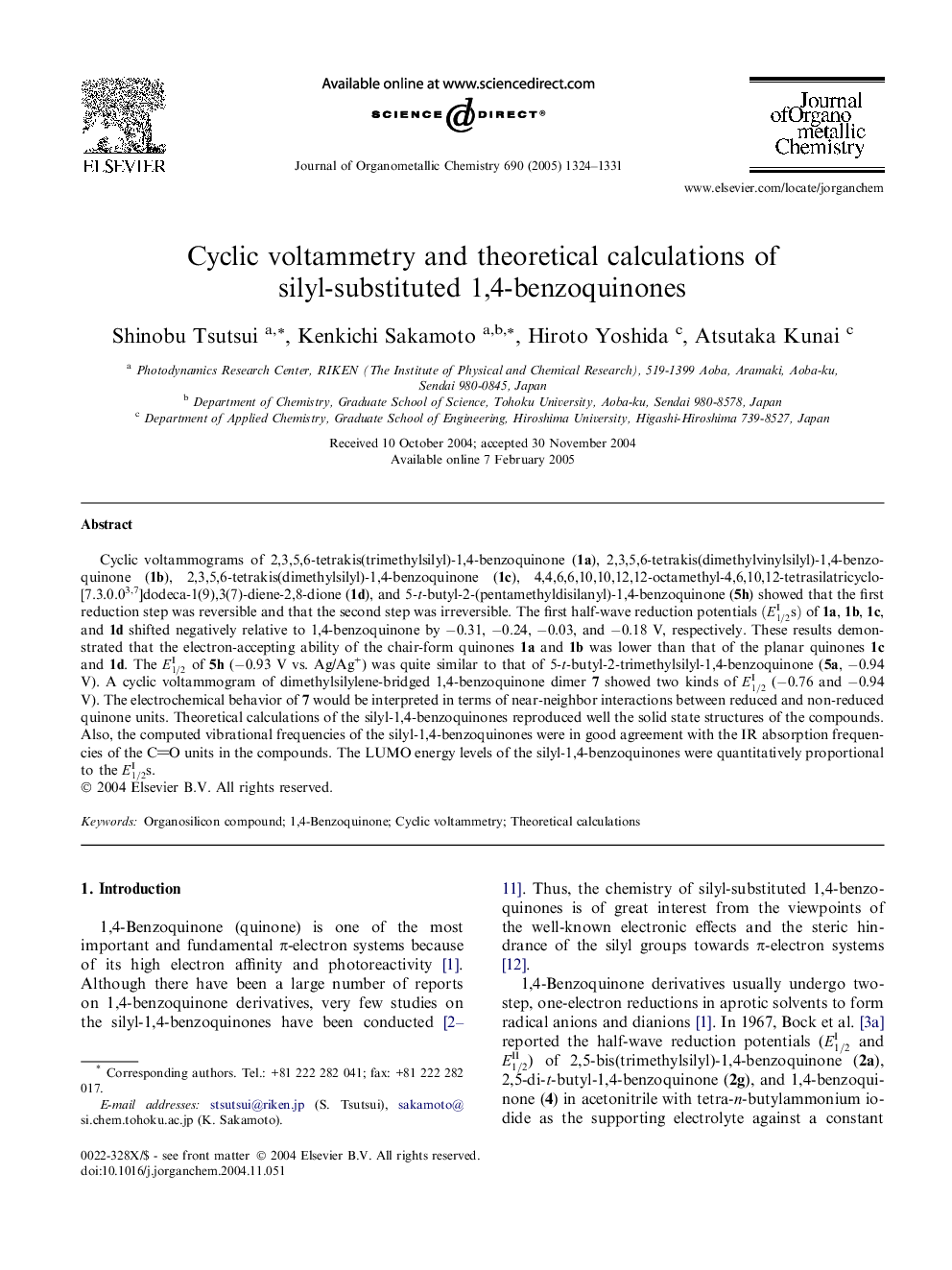 Cyclic voltammetry and theoretical calculations of silyl-substituted 1,4-benzoquinones