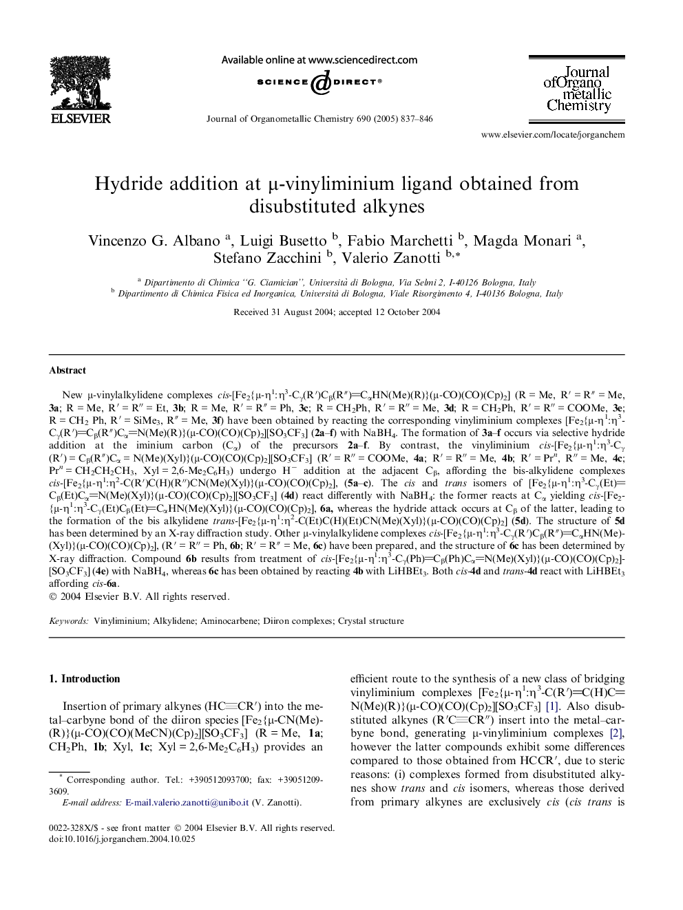 Hydride addition at Î¼-vinyliminium ligand obtained from disubstituted alkynes