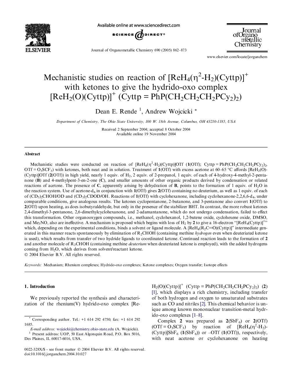 Mechanistic studies on reaction of [ReH4(Î·2-H2)(Cyttp)]+ with ketones to give the hydrido-oxo complex [ReH2(O)(Cyttp)]+ (CyttpÂ =Â PhP(CH2CH2CH2PCy2)2)