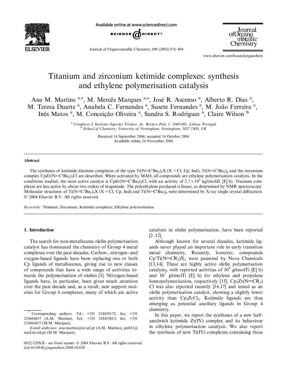 Titanium and zirconium ketimide complexes: synthesis and ethylene polymerisation catalysis