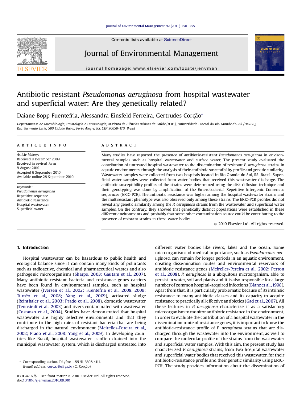 Antibiotic-resistant Pseudomonas aeruginosa from hospital wastewater and superficial water: Are they genetically related?