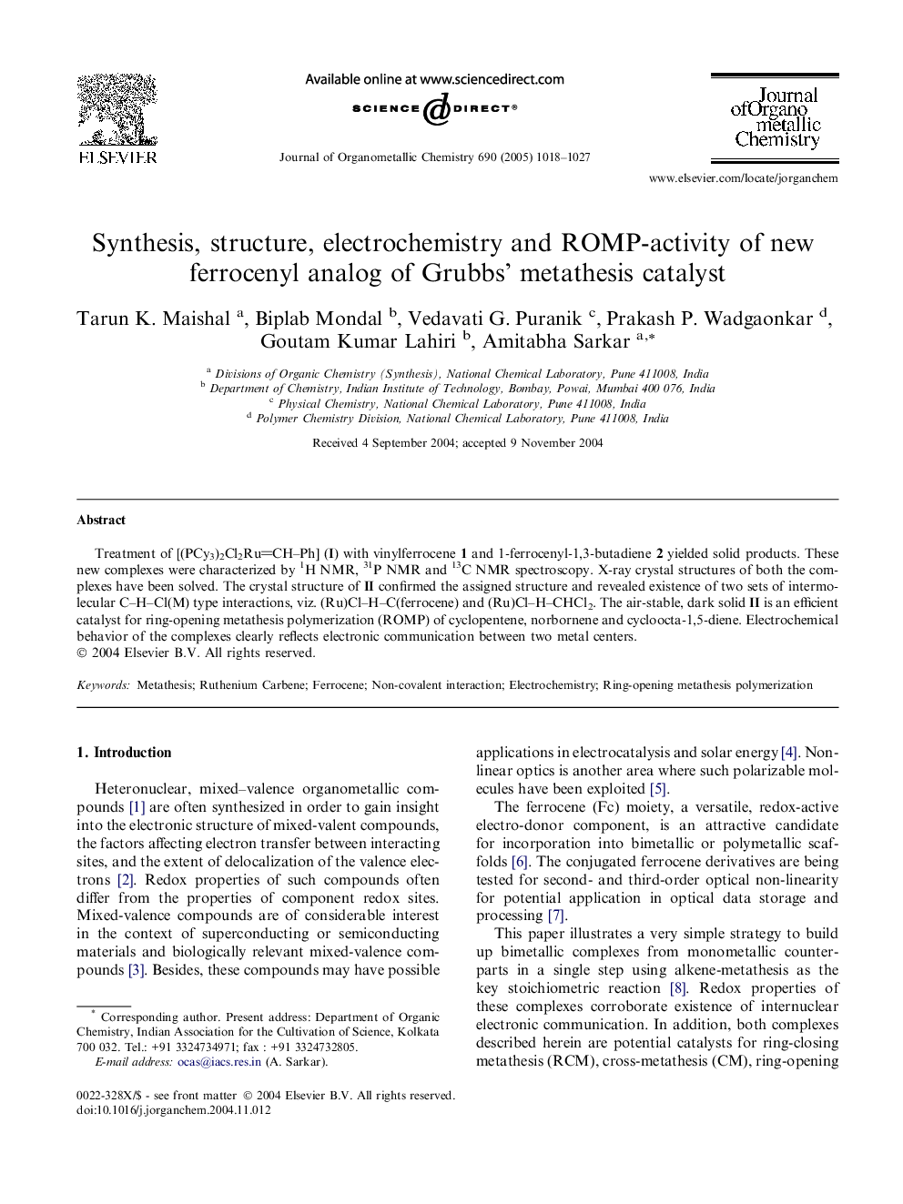 Synthesis, structure, electrochemistry and ROMP-activity of new ferrocenyl analog of Grubbs' metathesis catalyst