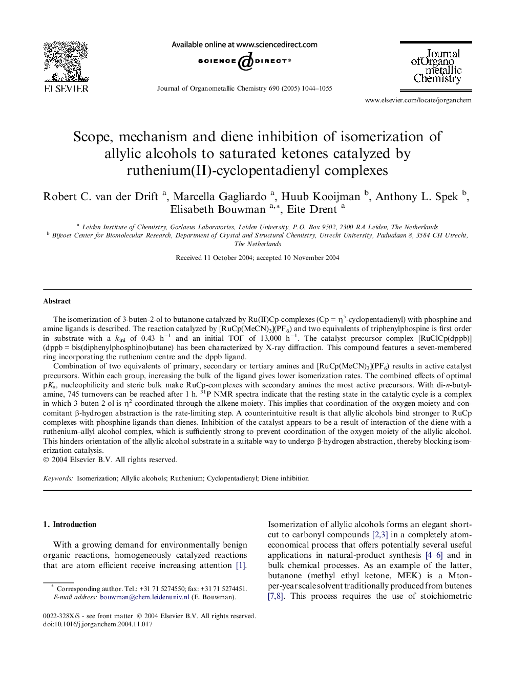 Scope, mechanism and diene inhibition of isomerization of allylic alcohols to saturated ketones catalyzed by ruthenium(II)-cyclopentadienyl complexes