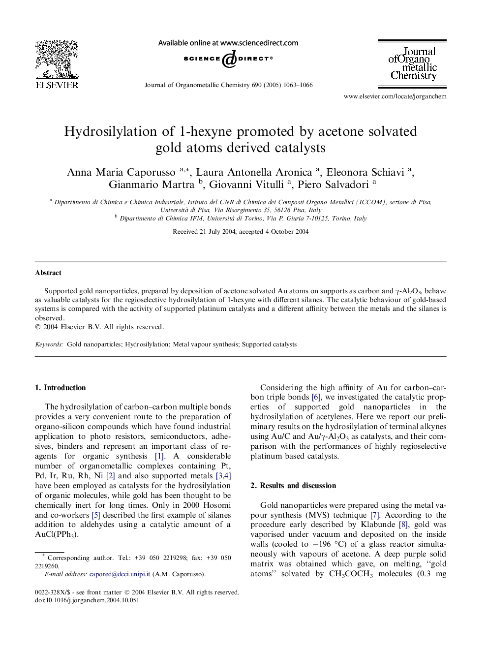 Hydrosilylation of 1-hexyne promoted by acetone solvated gold atoms derived catalysts