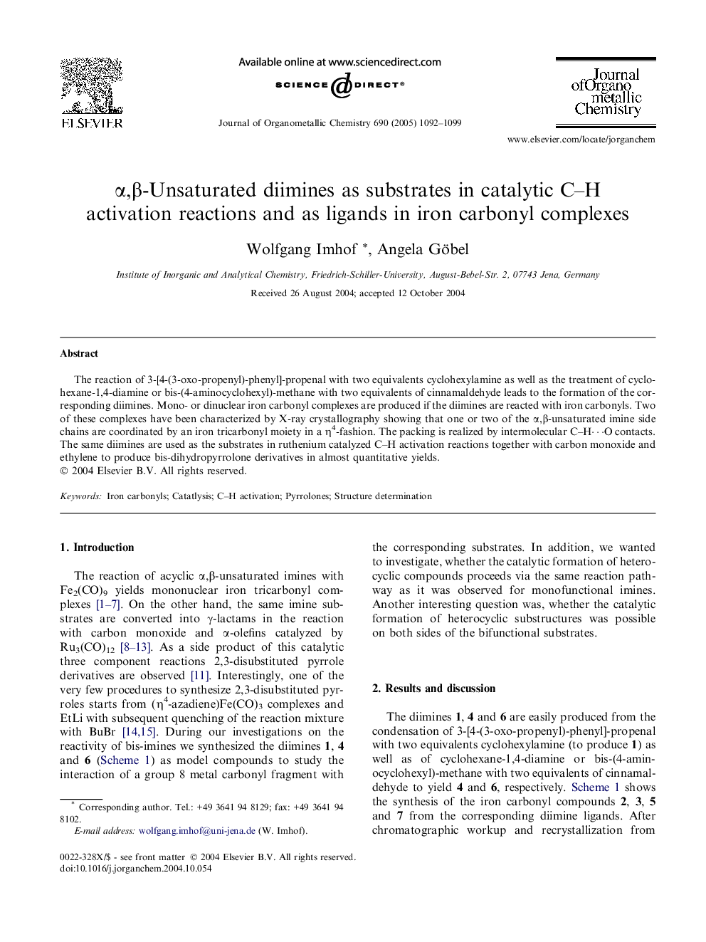 Î±,Î²-Unsaturated diimines as substrates in catalytic C-H activation reactions and as ligands in iron carbonyl complexes