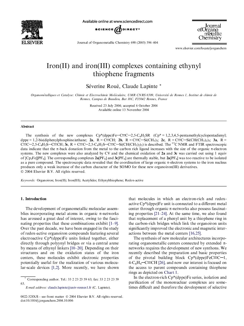 Iron(II) and iron(III) complexes containing ethynyl thiophene fragments