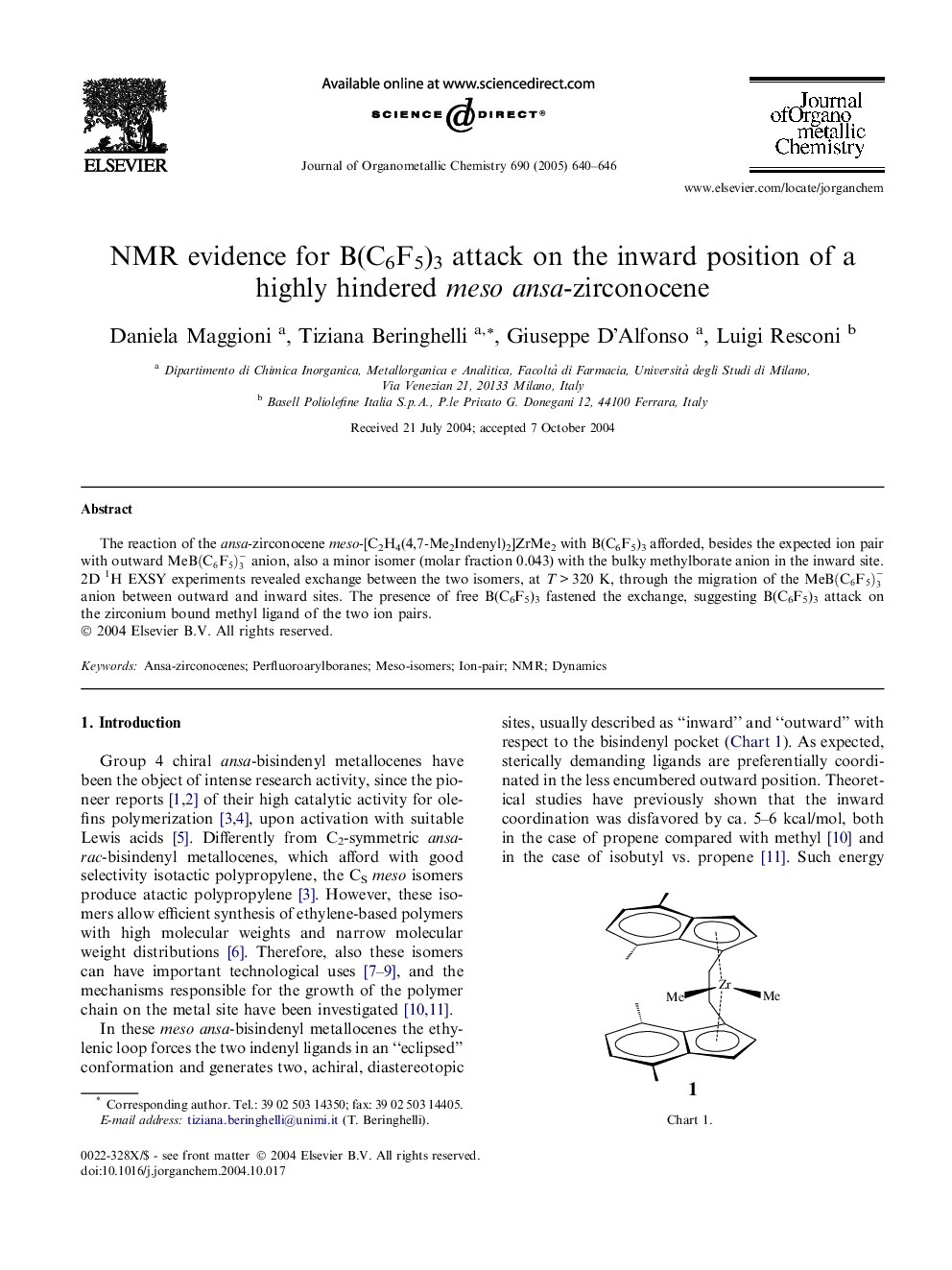 NMR evidence for B(C6F5)3 attack on the inward position of a highly hindered meso ansa-zirconocene