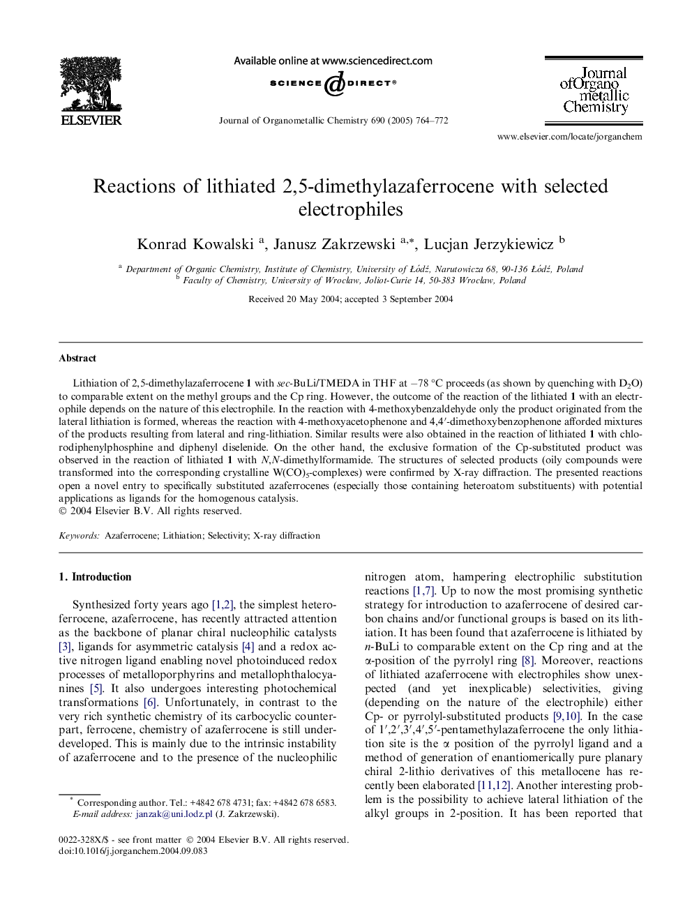 Reactions of lithiated 2,5-dimethylazaferrocene with selected electrophiles