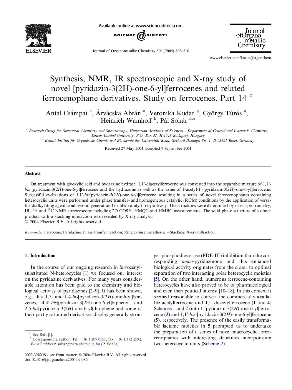 Synthesis, NMR, IR spectroscopic and X-ray study of novel [pyridazin-3(2H)-one-6-yl]ferrocenes and related ferrocenophane derivatives. Study on ferrocenes. Part 14