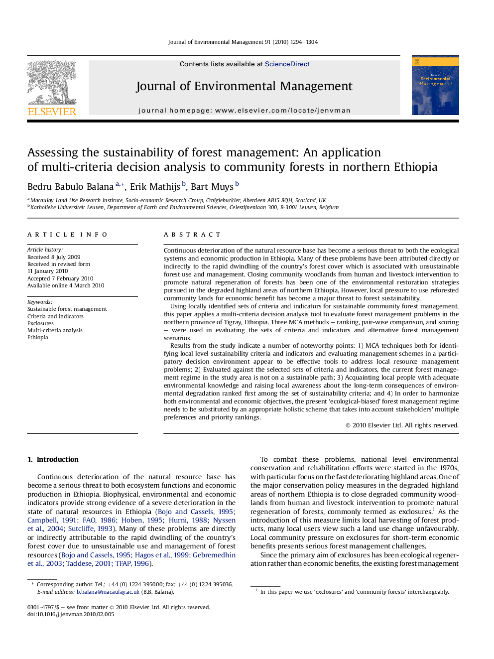 Assessing the sustainability of forest management: An application of multi-criteria decision analysis to community forests in northern Ethiopia