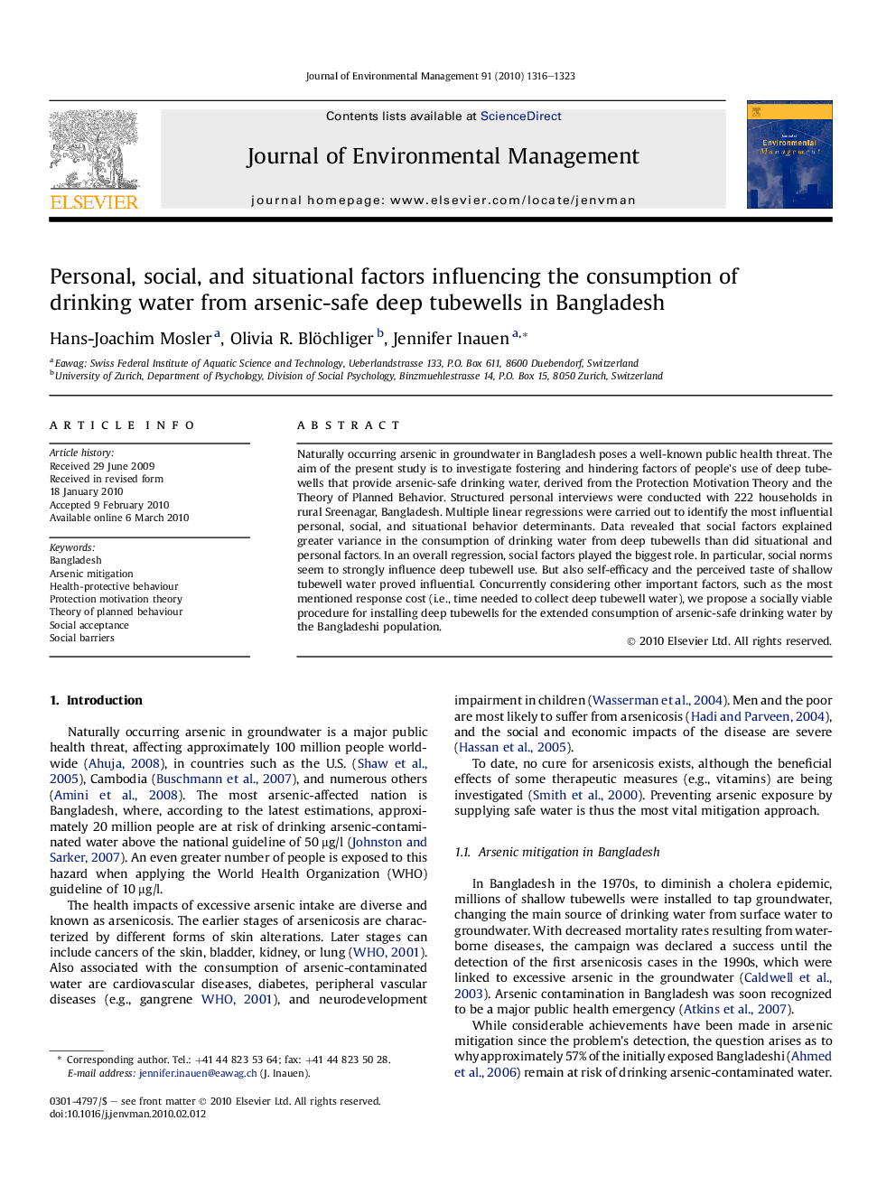 Personal, social, and situational factors influencing the consumption of drinking water from arsenic-safe deep tubewells in Bangladesh