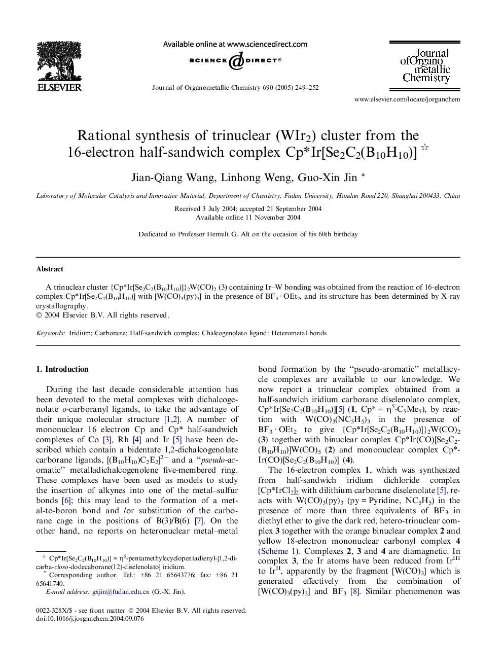 Rational synthesis of trinuclear (WIr2) cluster from the 16-electron half-sandwich complex Cp*Ir[Se2C2(B10H10)]