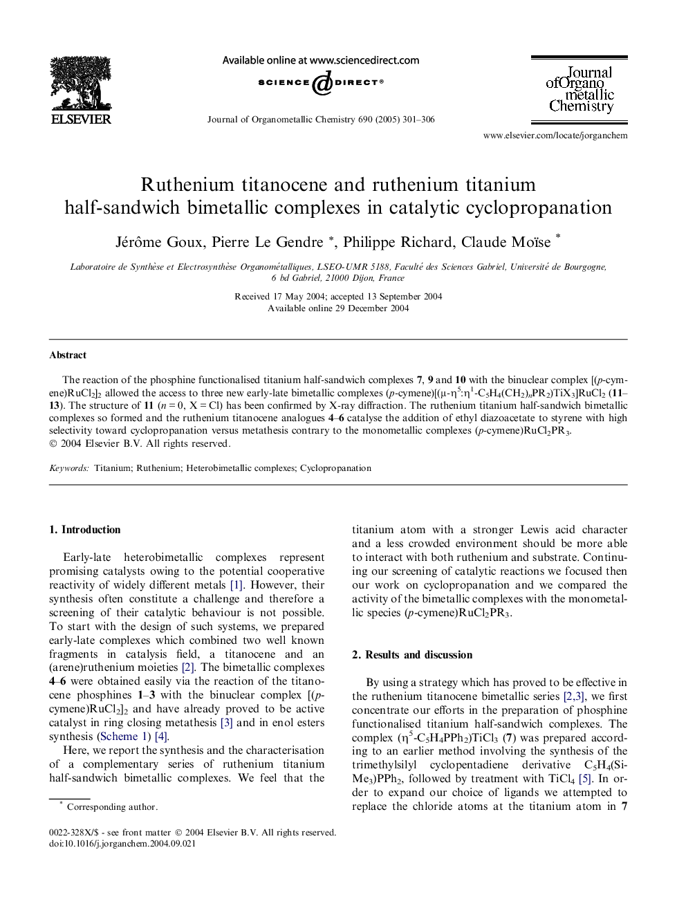 Ruthenium titanocene and ruthenium titanium half-sandwich bimetallic complexes in catalytic cyclopropanation