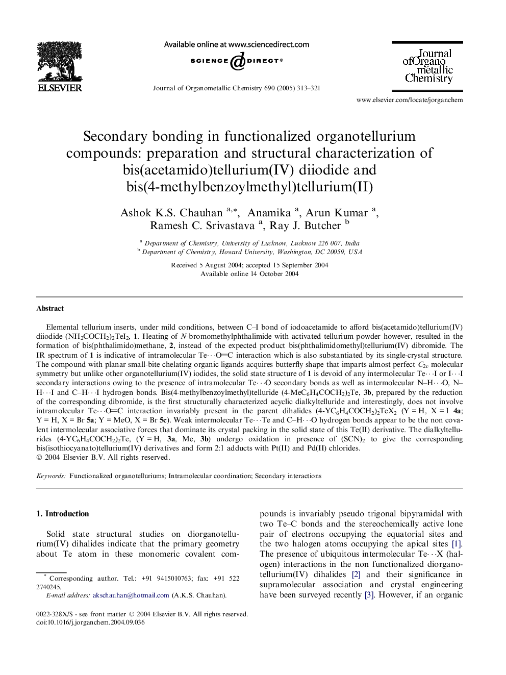 Secondary bonding in functionalized organotellurium compounds: preparation and structural characterization of bis(acetamido)tellurium(IV) diiodide and bis(4-methylbenzoylmethyl)tellurium(II)