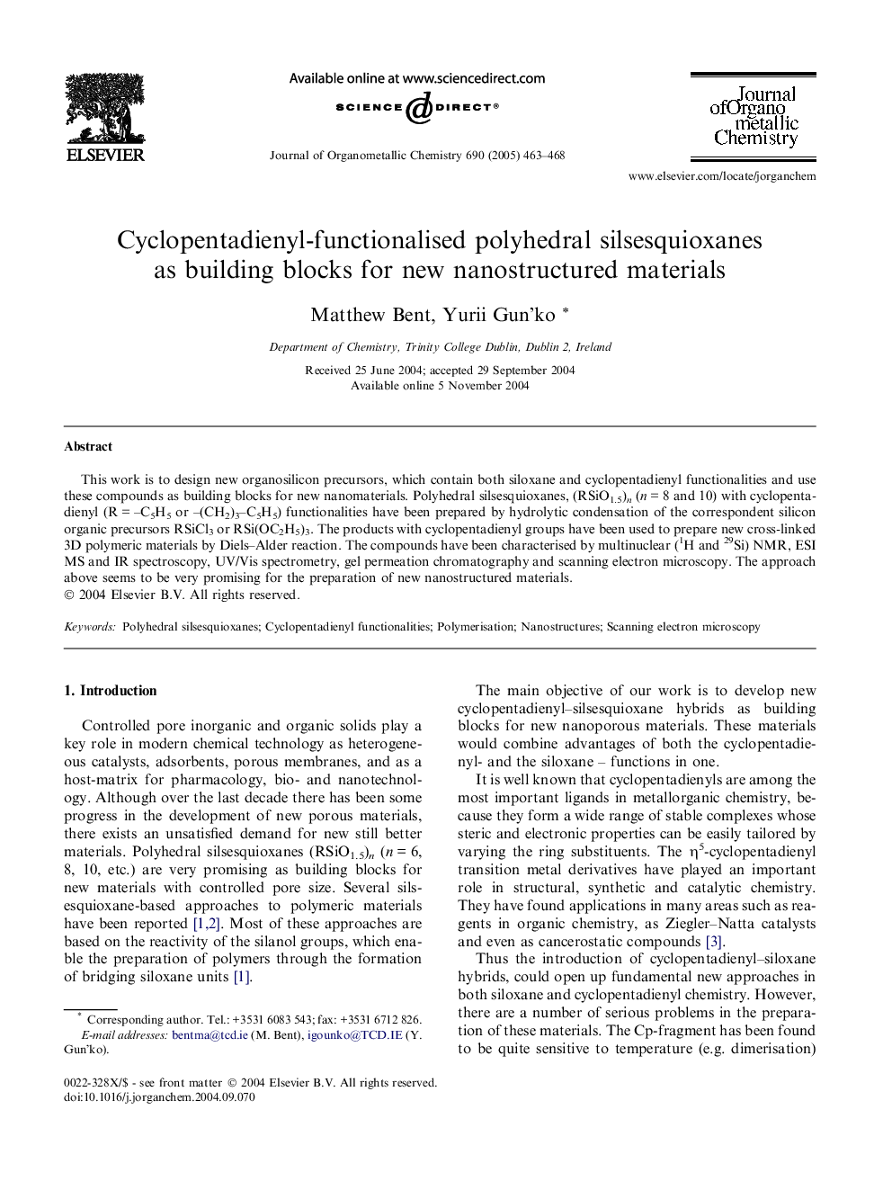 Cyclopentadienyl-functionalised polyhedral silsesquioxanes as building blocks for new nanostructured materials