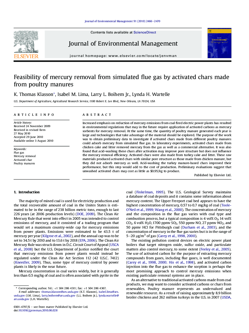 Feasibility of mercury removal from simulated flue gas by activated chars made from poultry manures