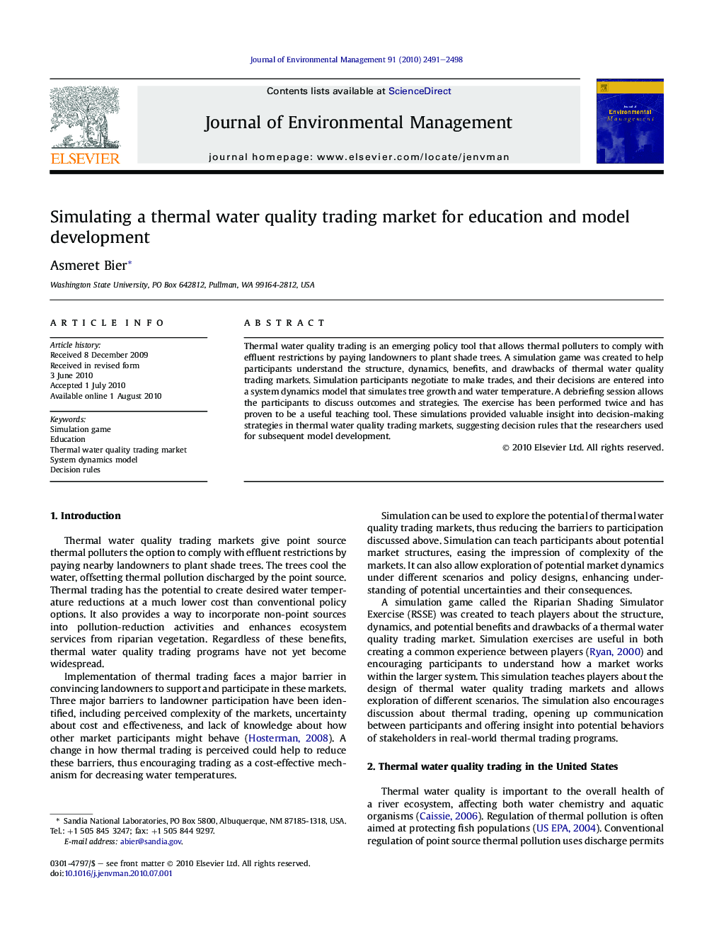 Simulating a thermal water quality trading market for education and model development