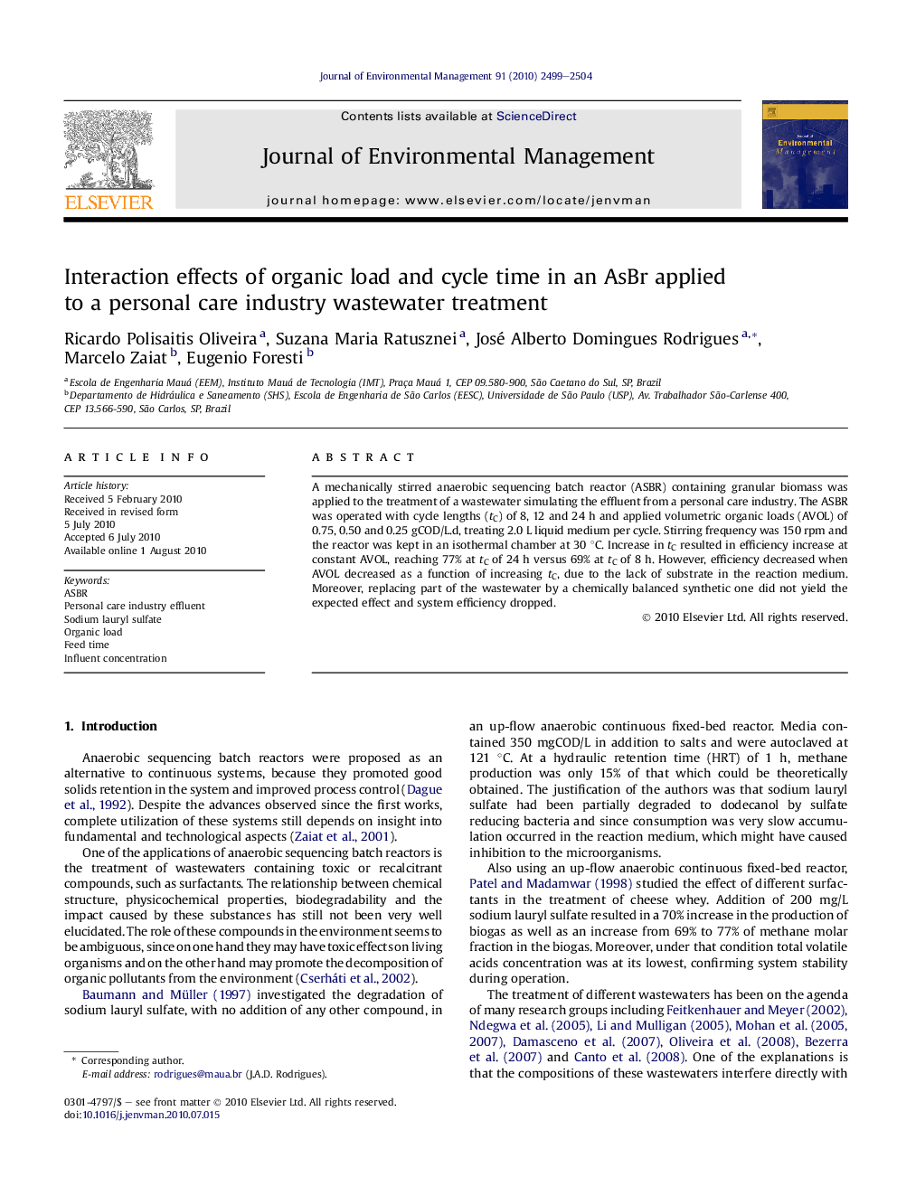 Interaction effects of organic load and cycle time in an AsBr applied to a personal care industry wastewater treatment